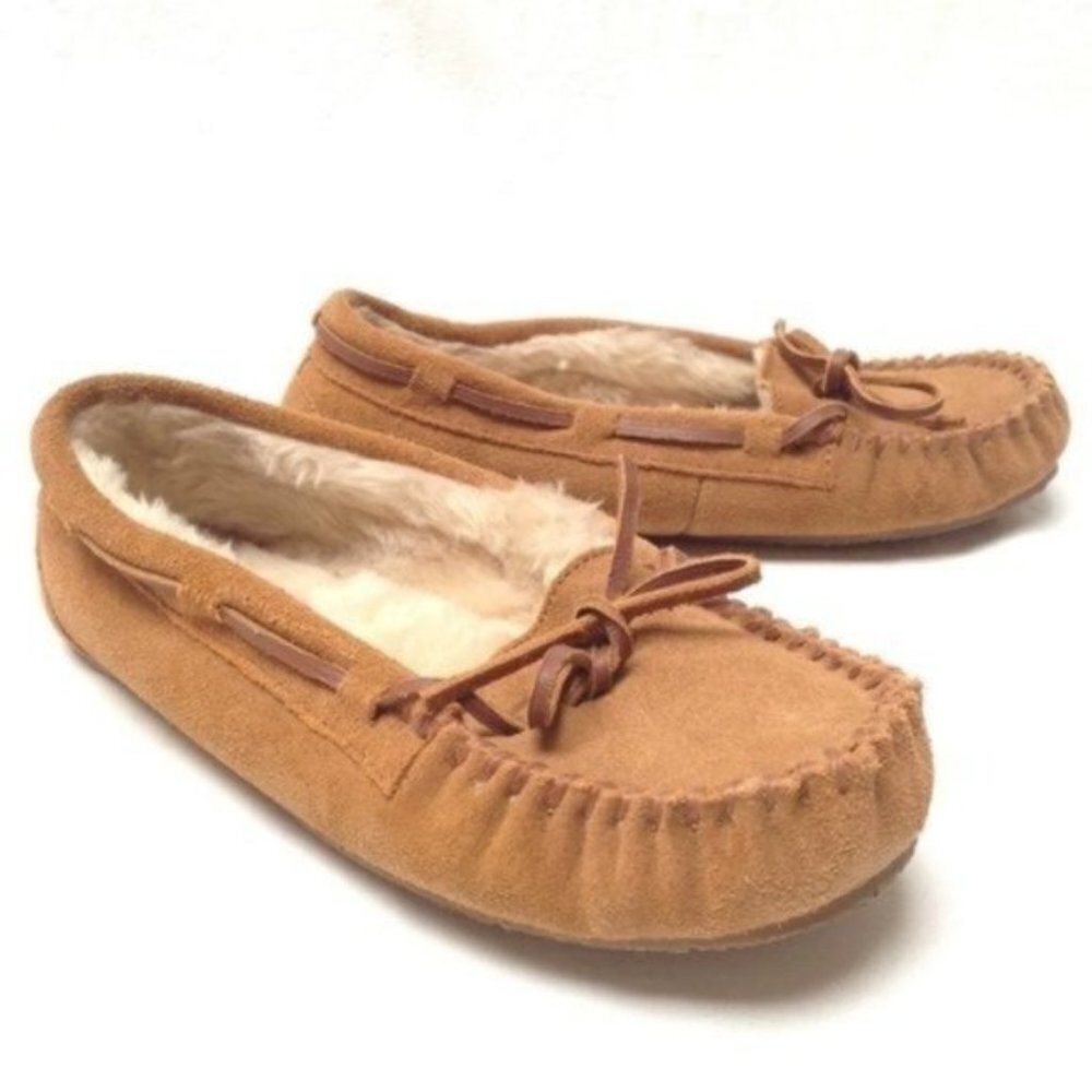 Minnetonka Tan Moccasin Shoes Womens 6 Petra Trapper Faux Fur Lined Slip on